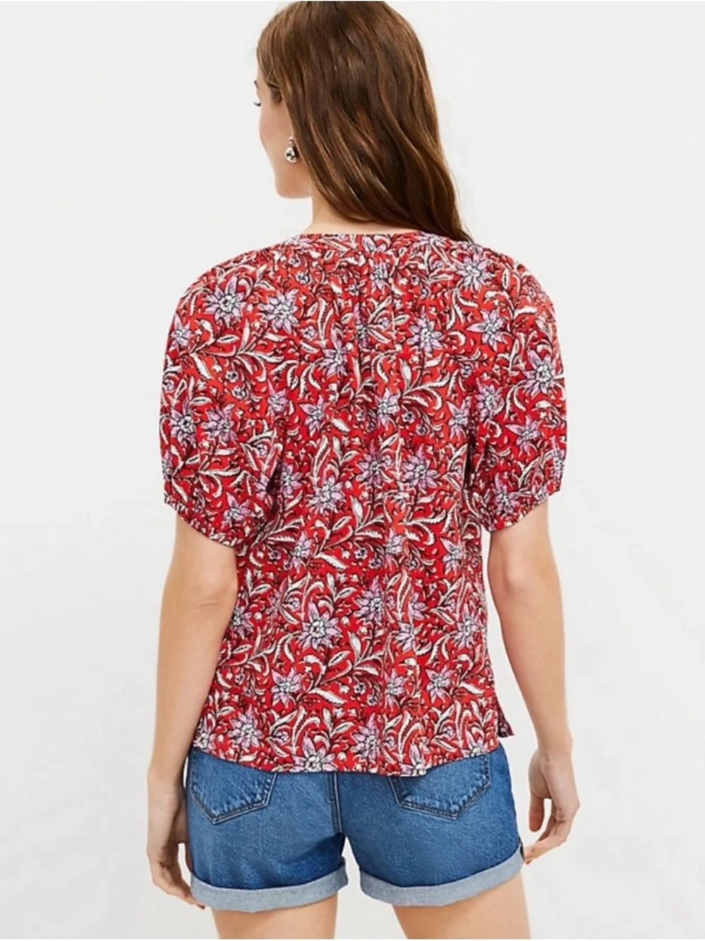 LOFT Spring Bloom Tie Neck Floral Puff Sleeve Peasant Top